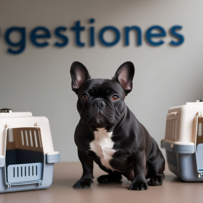 Perro en oficina y caniles transportadores